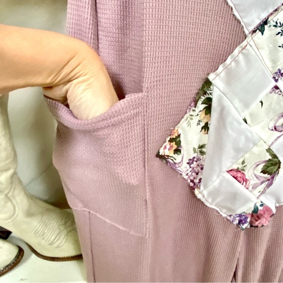 Farmhouse Patchwork dusty blush waffle boho prairie artisan Jumpsuit - Picture 4 of 10